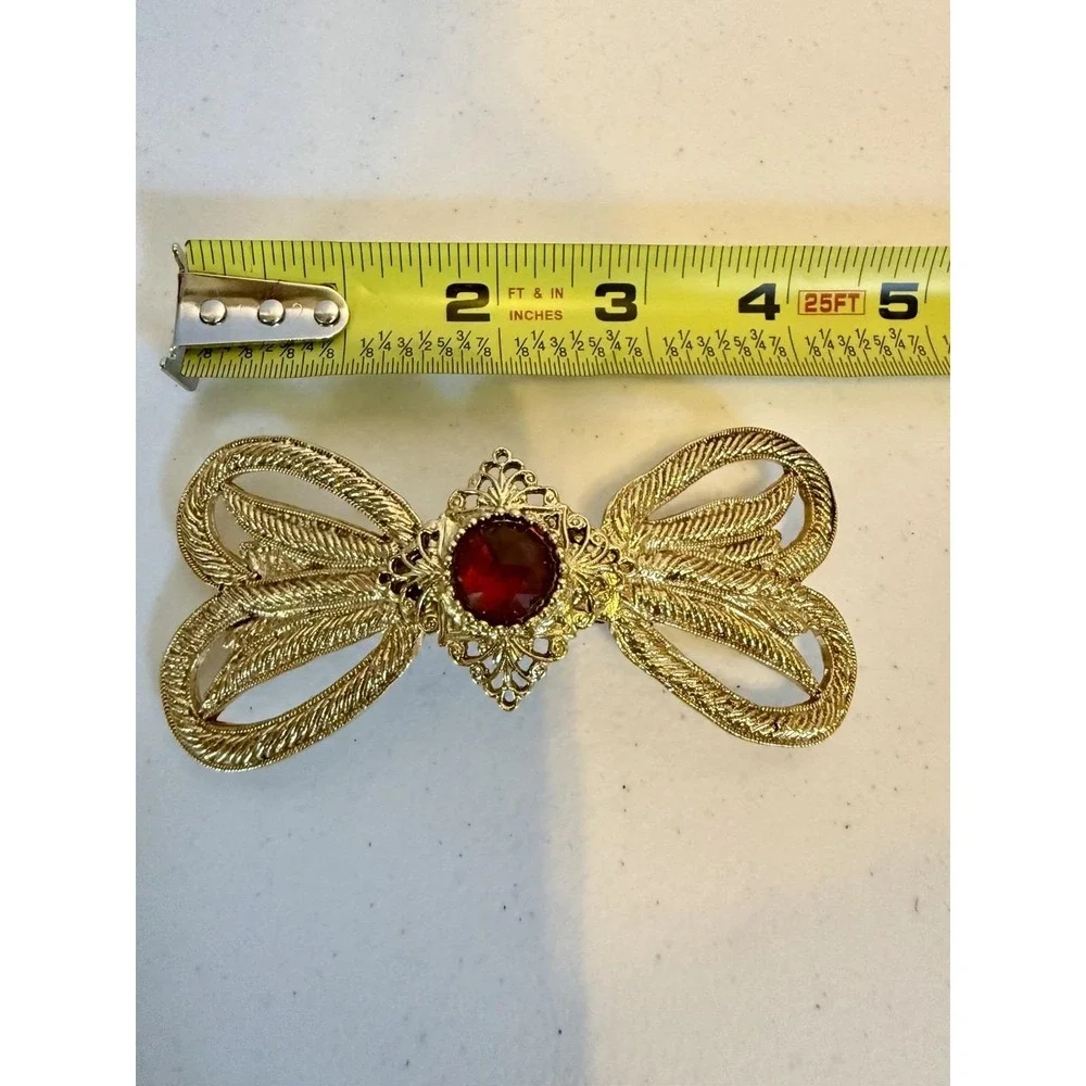 Deborah Rhodes Mocha‎ Barrette Gold Tone filigree with ruby red center